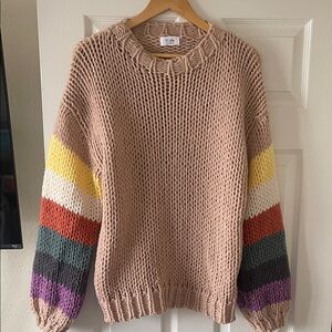 Bluivy Tan Sweater with Colorful Striped Sleeves